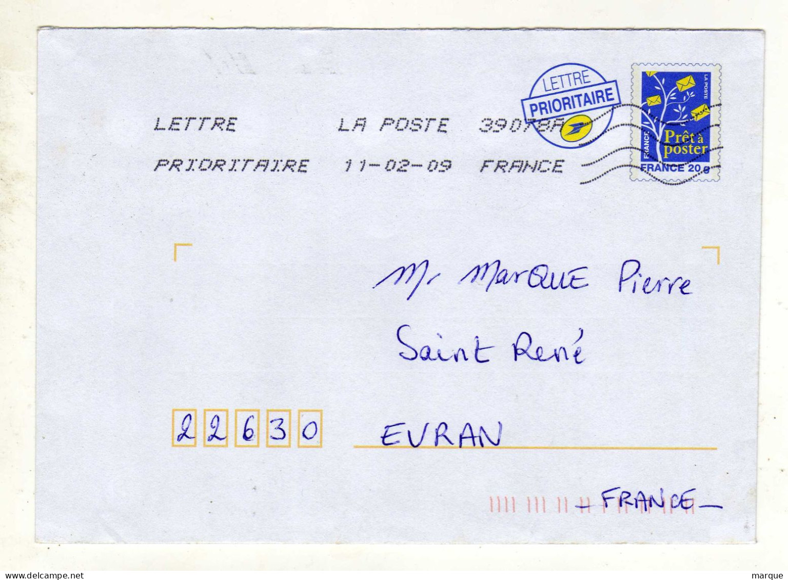 Enveloppe FRANCE Prêt à Poster Lettre Prioritaire Oblitération LA POSTE 39078A 11/02/2009 - Prêts-à-poster:Overprinting/Blue Logo