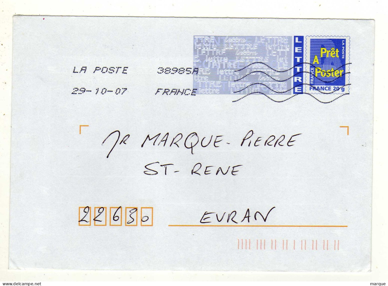Enveloppe FRANCE Prêt à Poster Lettre Prioritaire Oblitération LA POSTE 38985A 20/10/2007 - PAP: Aufdrucke/Blaues Logo