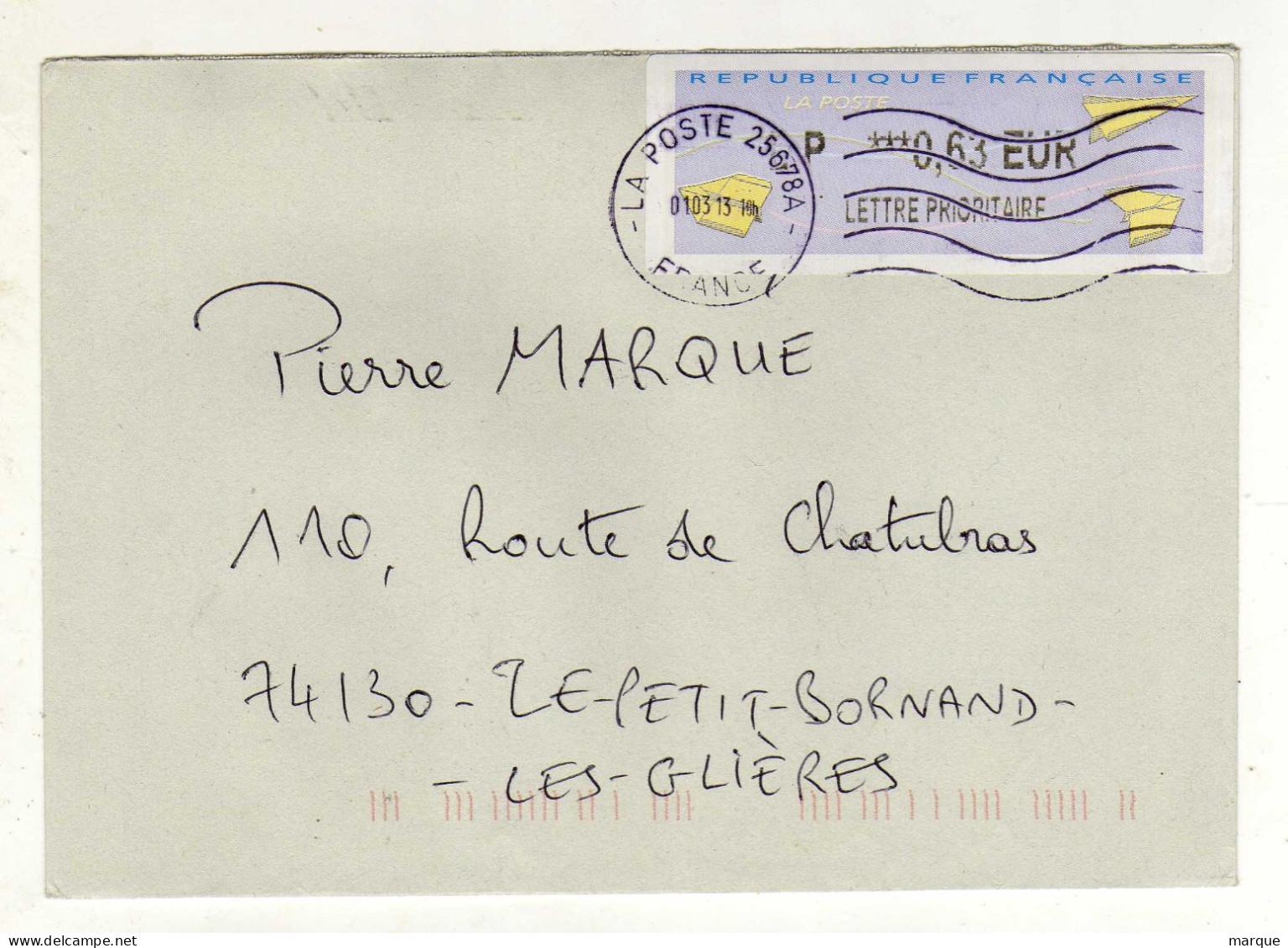 Enveloppe FRANCE Avec Vignette Affranchissement Lettre Prioritaire Oblitération LA POSTE 25678A 01/03/2013 - 2000 Type « Avions En Papier »