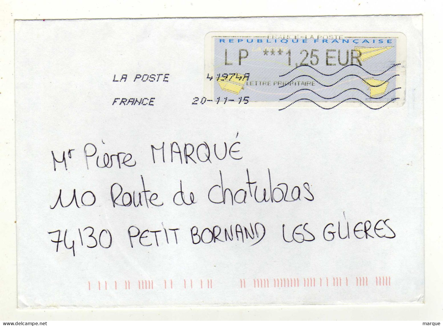 Enveloppe FRANCE Avec Vignette Affranchissement Lettre Prioritaire Oblitération LA POSTE 41974A 20/11/2015 - 2000 Type « Avions En Papier »