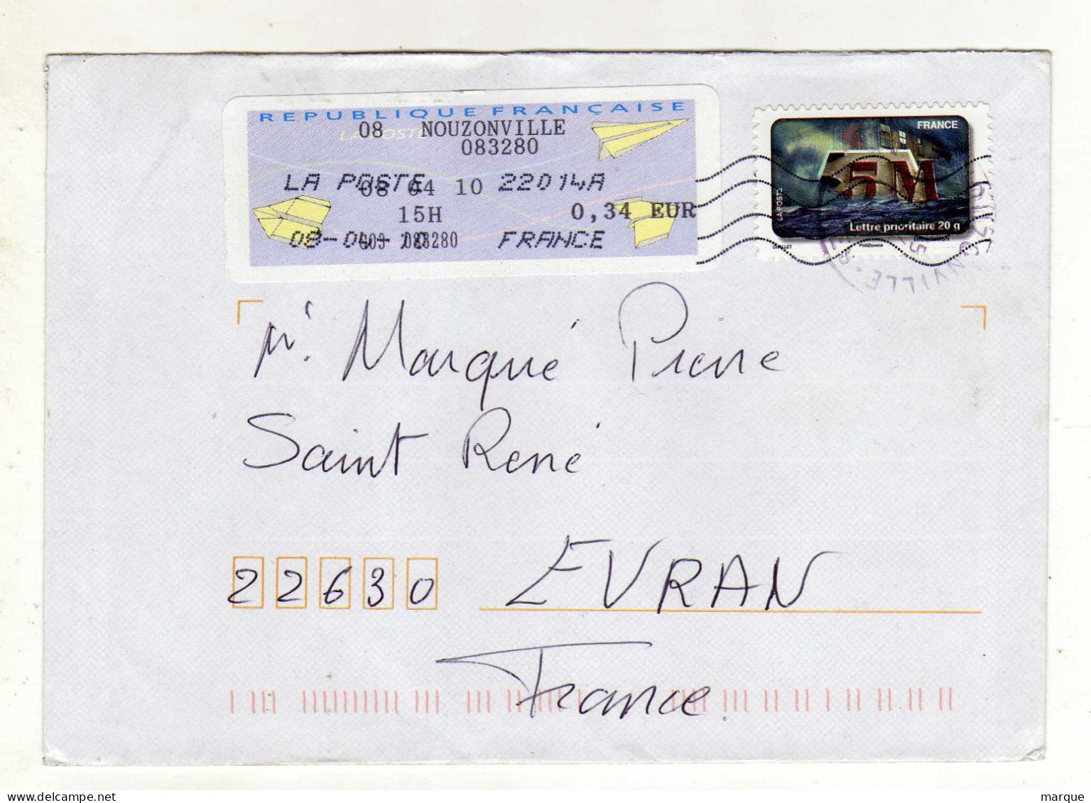 Enveloppe FRANCE Avec Vignette Affranchissement Lettre Prioritaire Oblitération NOUZONVILLE LA POSTE 22014A 08/04/2010 - 2000 Type « Avions En Papier »