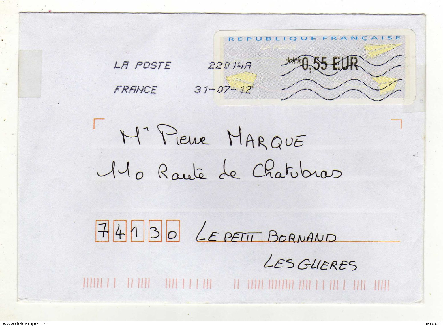 Enveloppe FRANCE Avec Vignette Affranchissement Oblitération LA POSTE 22014A 31/07/2012 - 2000 « Avions En Papier »