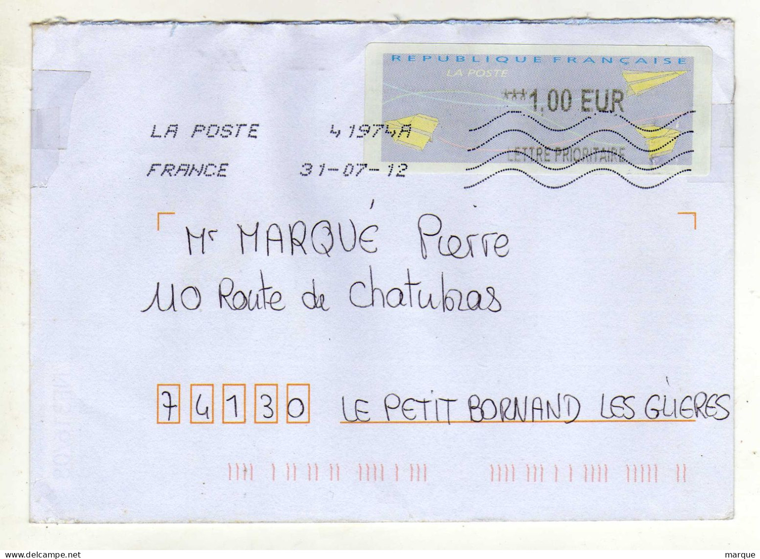 Enveloppe FRANCE Avec Vignette Affranchissement Lettre Prioritaire Oblitération LA POSTE 41974A 31/07/2012 - 2000 « Avions En Papier »