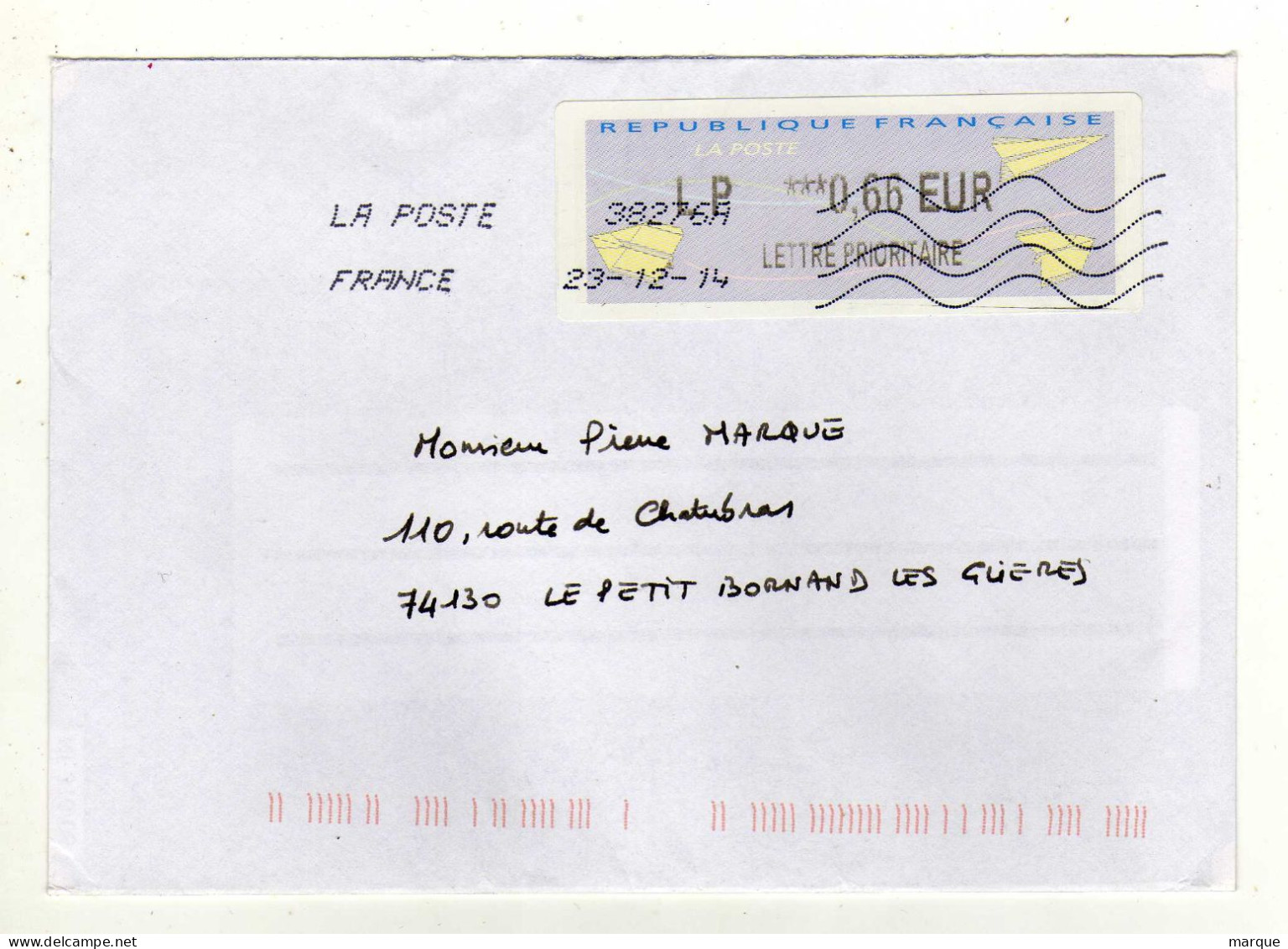 Enveloppe FRANCE Avec Vignette Affranchissement Lettre Prioritaire Oblitération LA POSTE 38276A 23/12/2014 - 2000 Type « Avions En Papier »