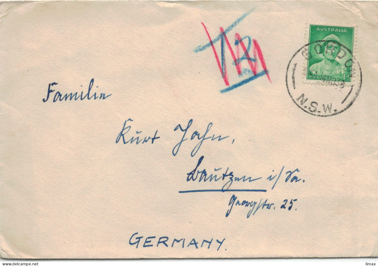 Australien Gordon 1938 > Bautzen - Queen Elizabeth - Bläuel T2 Rötel - Covers & Documents