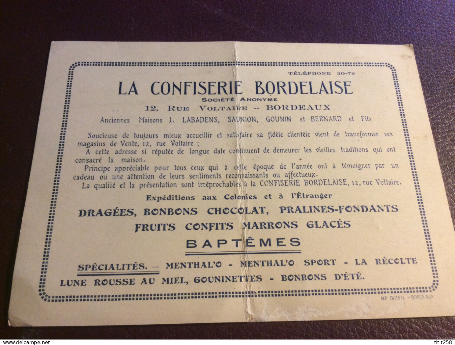 Calendrier 1931 / Dragées Chocolat Bonbons / La Confiserie Bordelaise Rue Voltaire Bordeaux 33 Gironde - Petit Format : 1921-40