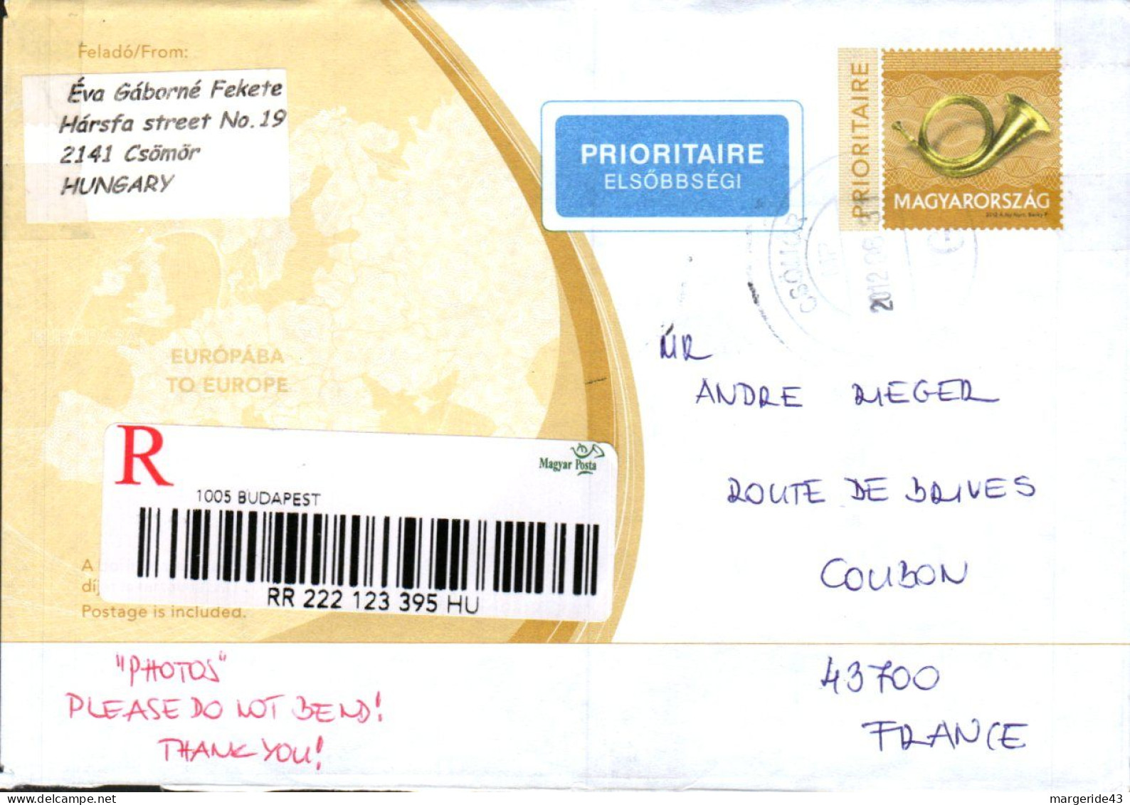 HONGRIE AFFRANCHISSEMENT COMPOSE SUR LETTRE RECOMMANDEE POUR LA FRANCE 2012 - Lettere