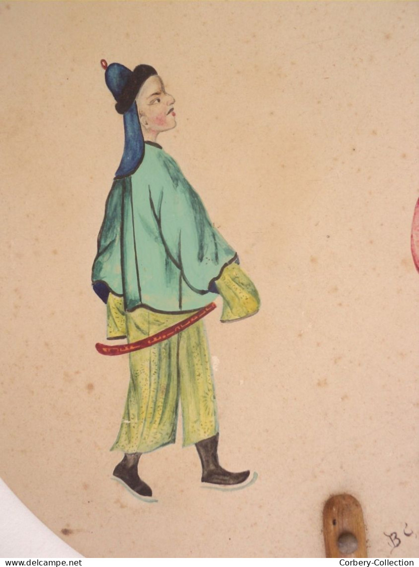 Ancien Écran à Main Éventail Décor Chinois Peint XIXème.