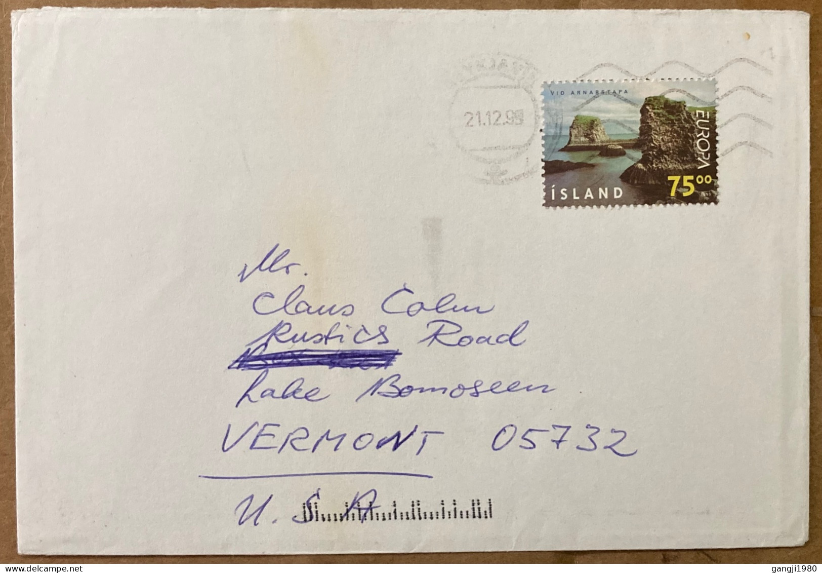 ICELAND 1999, COVER USED TO USA, VIGNETTE CHRISTMAS LABEL, SEA ROCK STAMP, - Brieven En Documenten