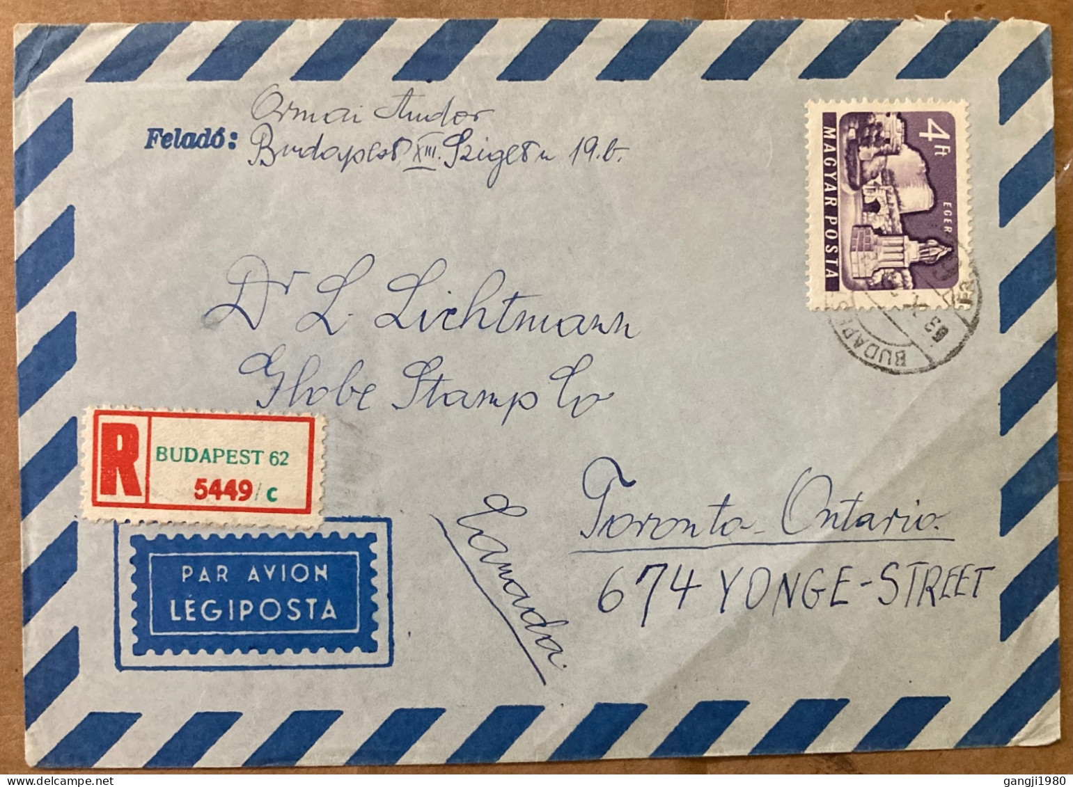 HUNGARY 1963, COVER USED TO CANADA, GLOBE STAMP CO, STAMP ON STAMP, BIRD, BUILDING, GIRL 3 RACES, BUDAPEST & MONTREAL CI - Covers & Documents