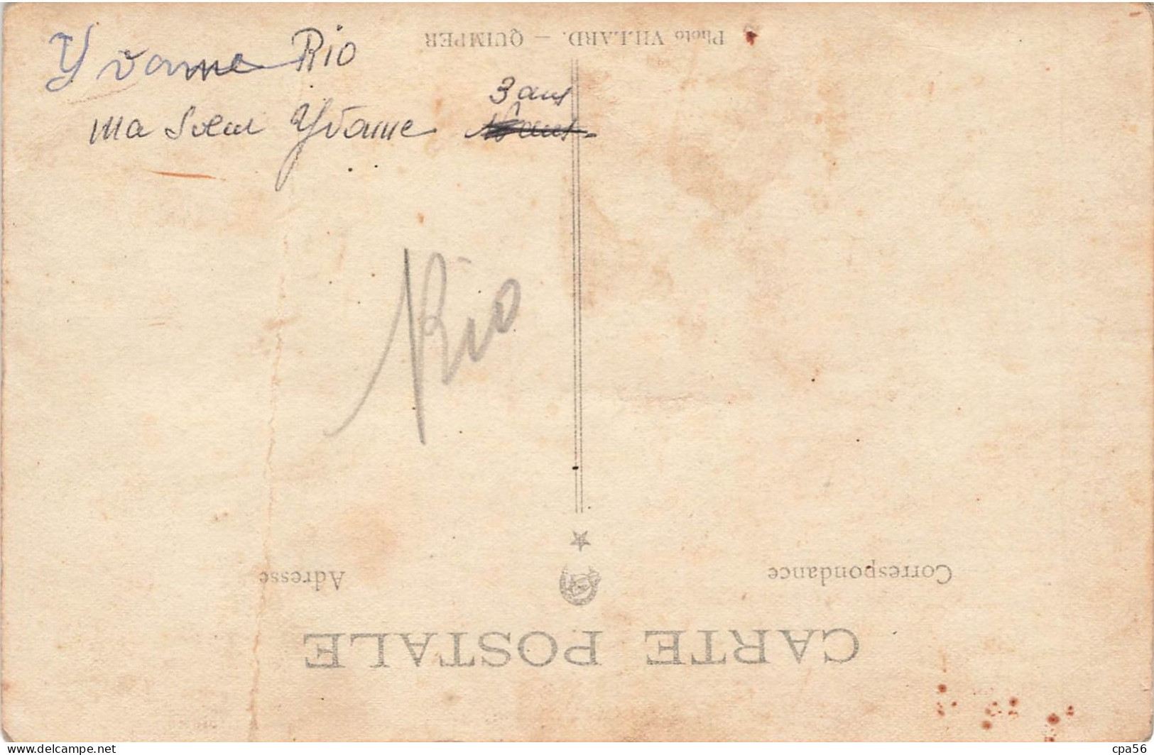 2 Documents - Archive Famille RIO - Yvonne RIO 3 Ans (cliché Vers 1914 Villard Quimper) Et En 1942 Avec Son Fils Guy - Généalogie