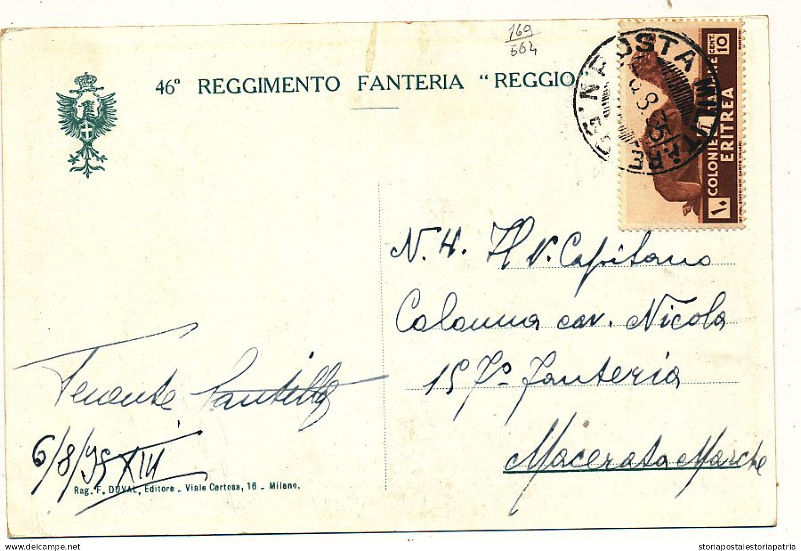 1935 COLONIE ITALIANE ERITREA CARTOLINA 46 REGGIMENTO FANTERIA REGGIO DA POSTA MILITARE  55 - Africa Oriental