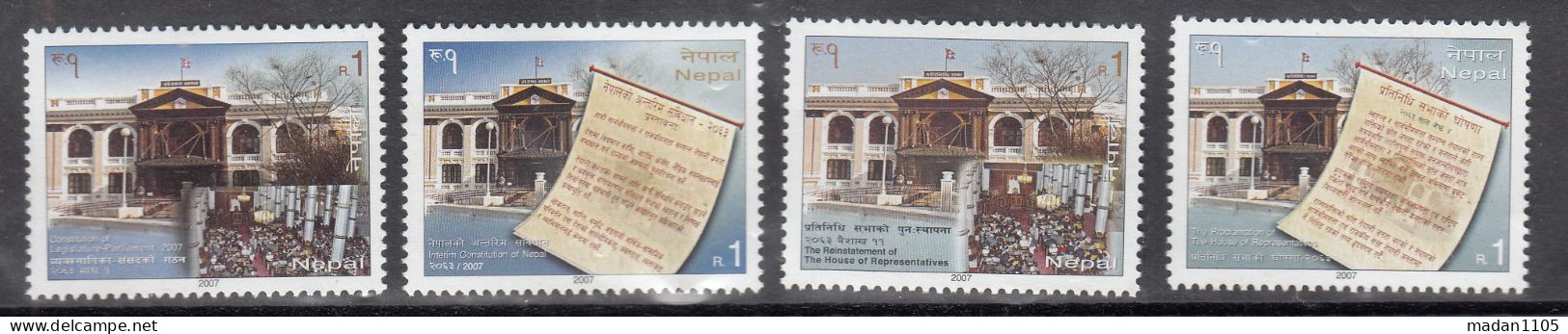 NEPAL, 2007,  New Constitution, Nepal Parliament, Set 4 V,  All Different,   MNH,  (**) - Népal