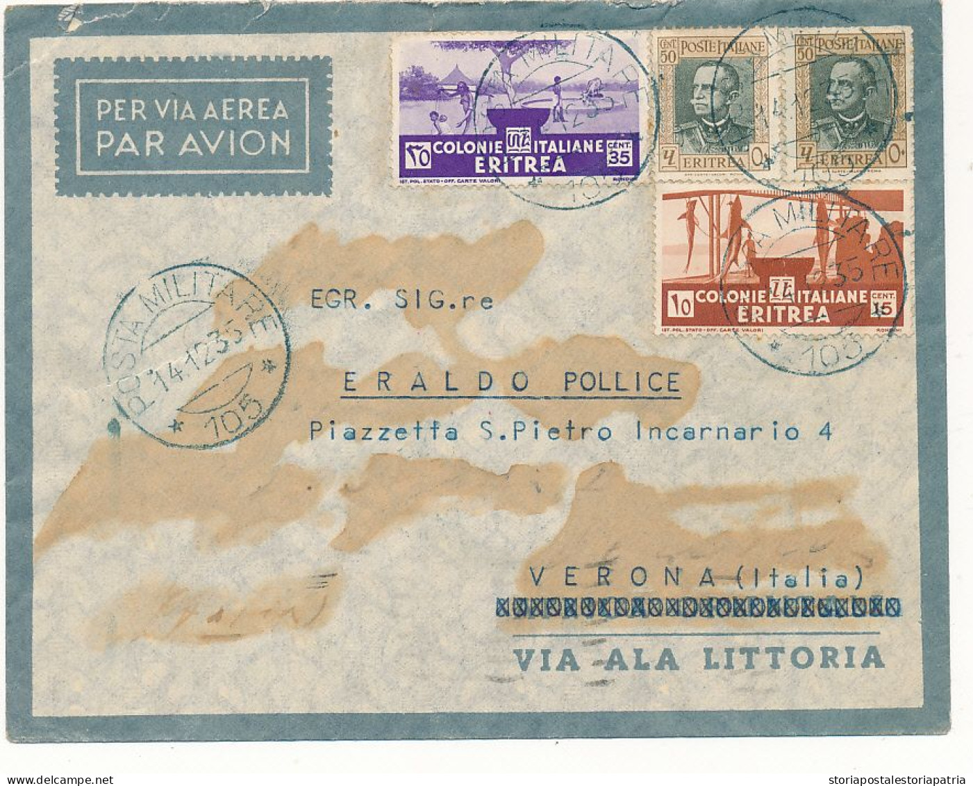 1935 COLONIE ITALIANE ERITREA AEROGRAMMA DA POSTA MILITARE 105 IN AZZURRO VIA ALA LITTORIA - Eritrée