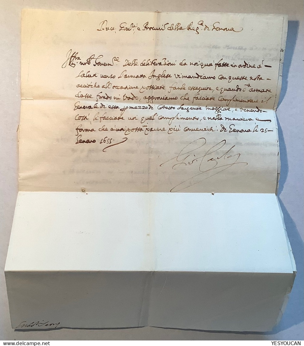 Sardegna REPUBLIC OF GENOVA 1655 Entire Letter About BRITISH NAVY, Spain Galeoni, War …  (Italy Italia Sardinia Cover - Sardaigne