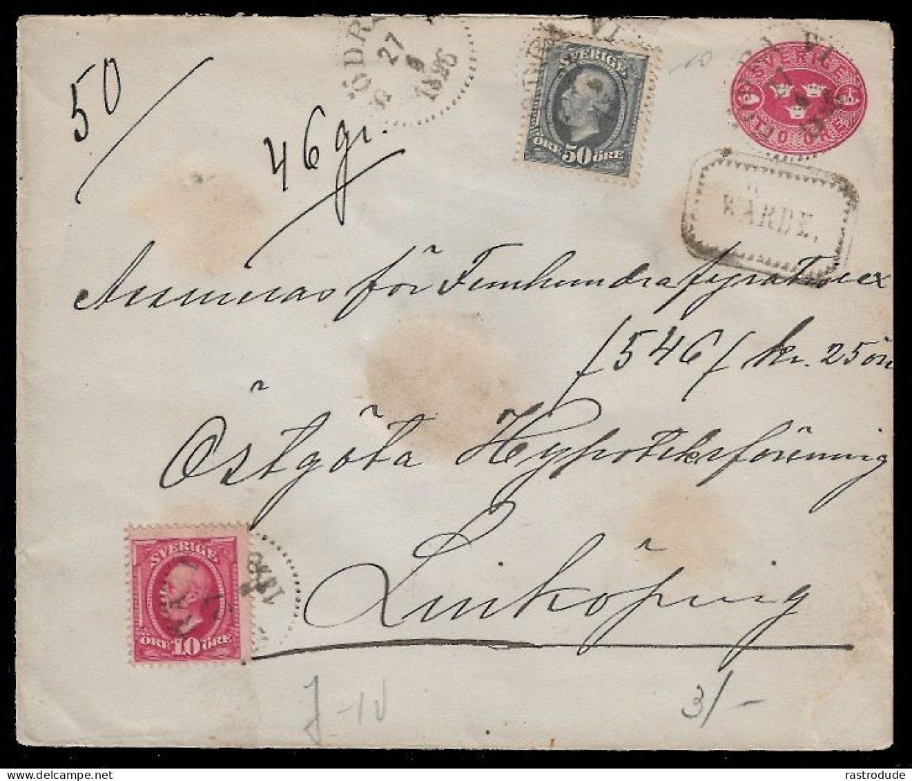 1896 SWEDEN UPRATED 10 ÖRE PS ENV. INSURED MONEY LETTER WERTBRIEF SÖDRA VI TO LINKÖPPING - Brieven En Documenten