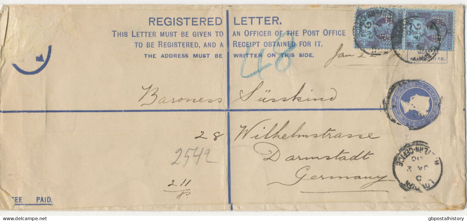 GB 1900, QV 2d Blue Large Postal Stationery Registered Envelope (Huggins & Baker RP21 Size H2) Uprated With 2 ½d Blue/li - Brieven En Documenten