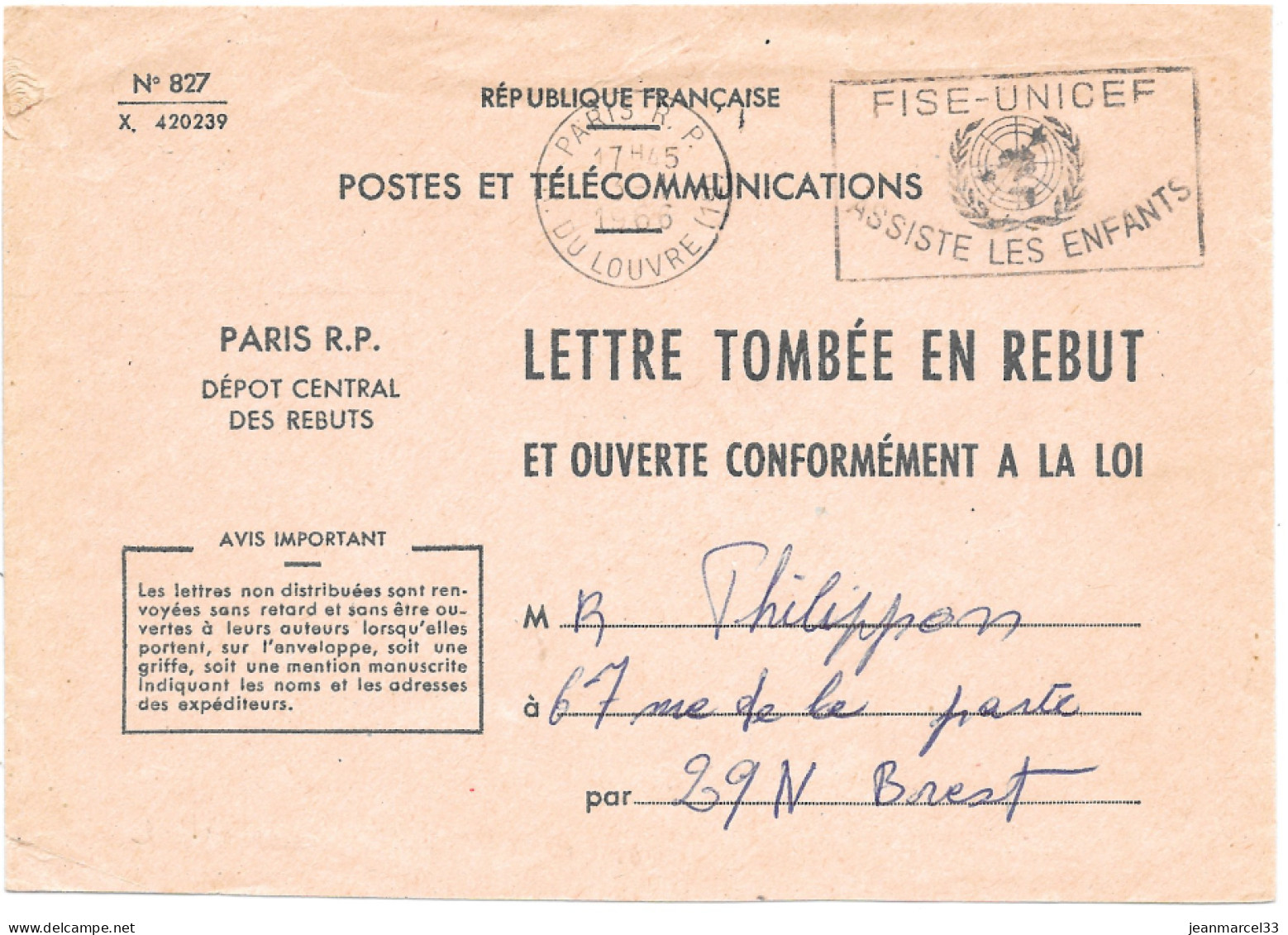 Curiosité Sur Lettre Tombée En Rebut Paris RP 3-1 1966 - Covers & Documents