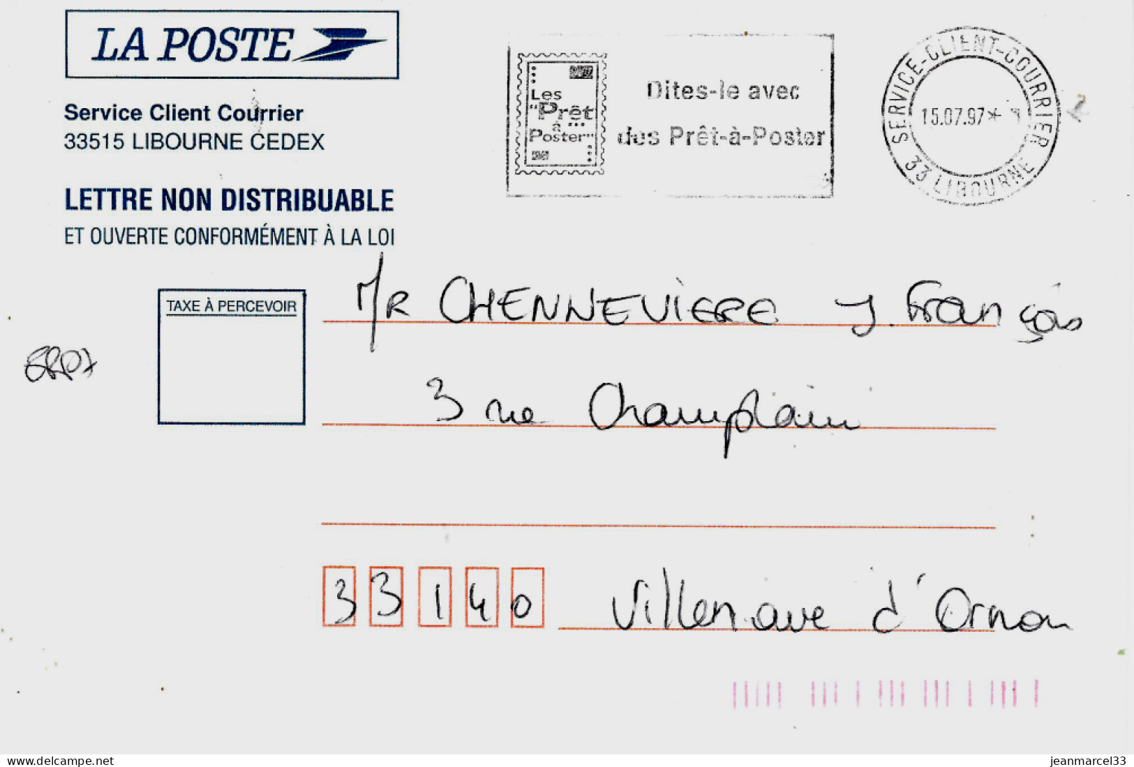 Curiosité Sur Lettre Lettre Non Distribuable Service Client-Courrier 33 Libourne 15.07.97 étoile - Briefe U. Dokumente