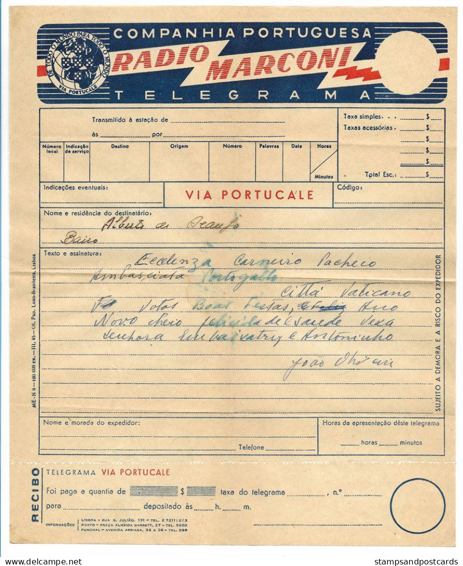 Portugal Télégramme Radio Marconi 1945 Forme Telegram 1945 Form - Storia Postale