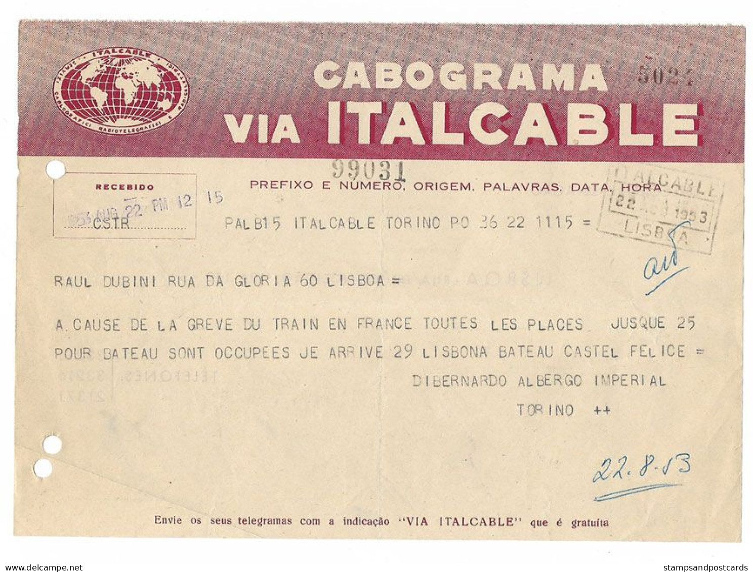 Portugal Télégramme Câble Cabograma Italcable Italie Italia 1953 Grève Trains France Telegram Cable Italy Train Strike - Briefe U. Dokumente