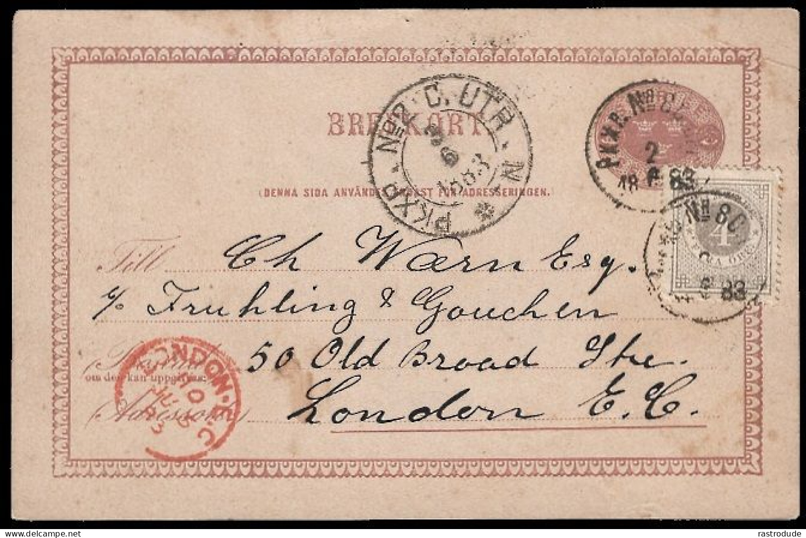 1883 SWEDEN UPRATED 6 Öre PSC W. 4 Öre Faz. 29 TO LONDON, GB - RAILROAD CANCEL - Ganzsachen