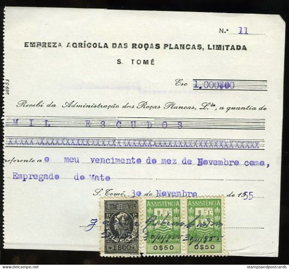 Portugal Sao Tome Et Principe Timbre Fiscal 1955 Reçu Plantation Cacao Et Café Receipt W/ Revenue Stamp Cocoa And Coffee - Cartas & Documentos