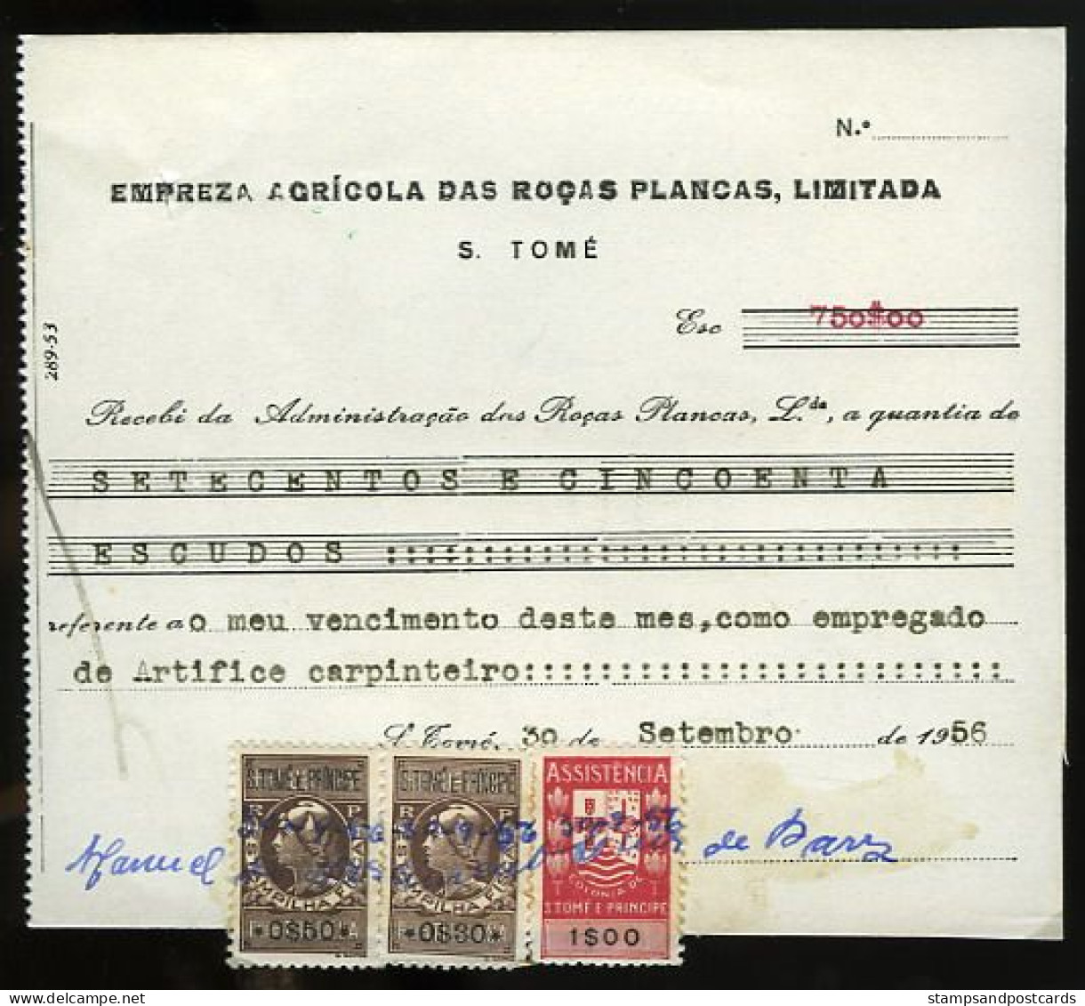 Portugal Sao Tome Et Principe Timbre Fiscal 1956 Reçu Plantation Cacao Et Café Receipt W/ Revenue Stamp Cocoa And Coffee - Brieven En Documenten