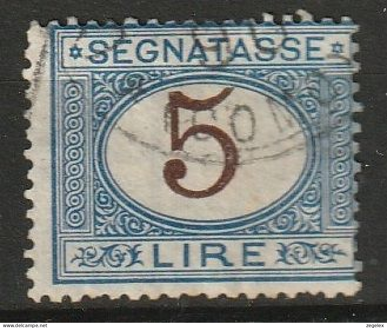 1874 Italia Porto (segnatasse) 5L Blau/braun. Michel 13 Used, Usato. (Cat € 25) - Taxe