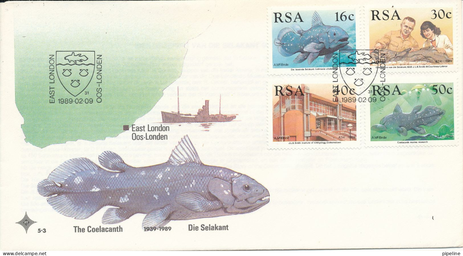 South Africa RSA FDC 9-2-1989 Complete Set The COELACANTH 1939 - 1989 With Cachet FISH - FDC