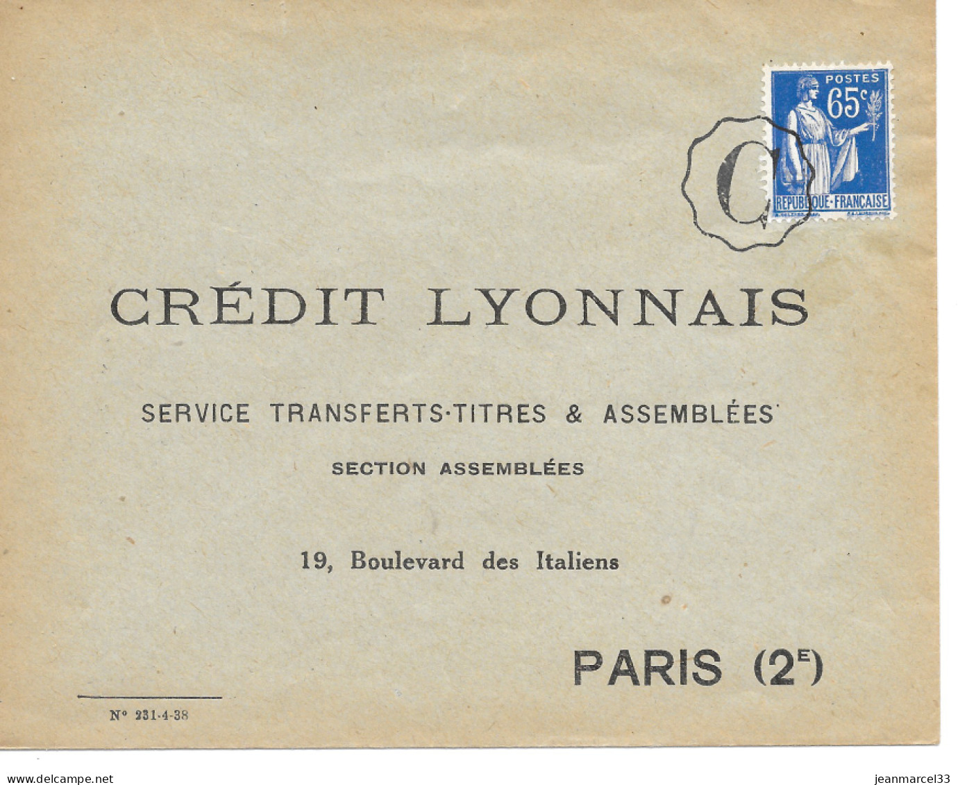 Curiosité Sur Lettre Oblitération De Fortune Avec La Lettre C De Brigade Des Convoyeurs, Timbre Type Paix 65 C Bleu - Storia Postale