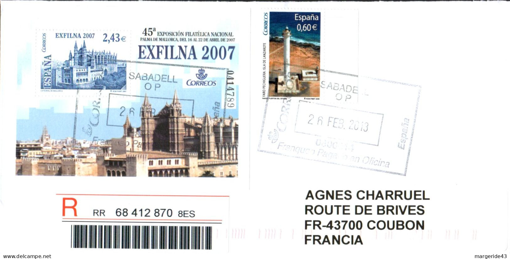 ESPAGNE AFFRANCHISSEMENT COMPOSE SUR LETTRE RECOMMANDEE POUR LA FRANCE 2013 - Brieven En Documenten