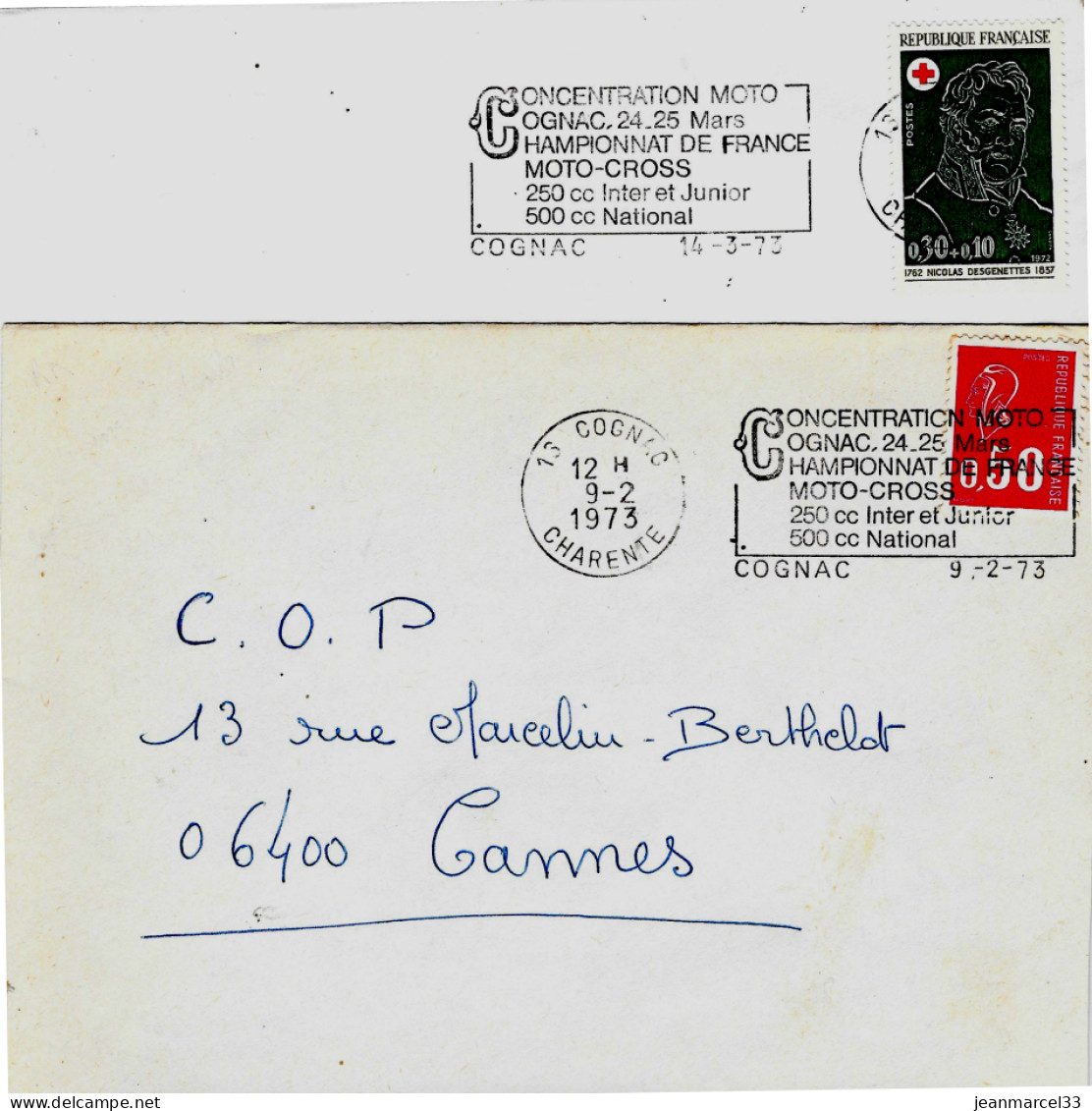 Curiosité Sur Lettre Flamme SECAP Du Type II Montée à Droite Et à Gauche Du Timbre à Date 16 Cognac En 1973 - Lettres & Documents