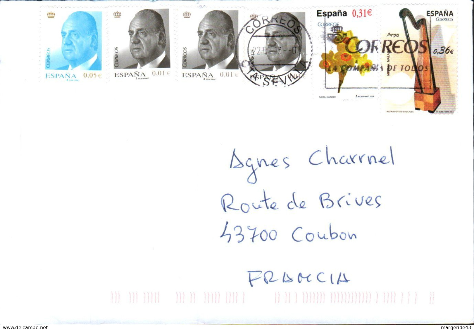 ESPAGNE AFFRANCHISSEMENT COMPOSE SUR LETTRE POUR LA FRANCE 2013 - Cartas & Documentos