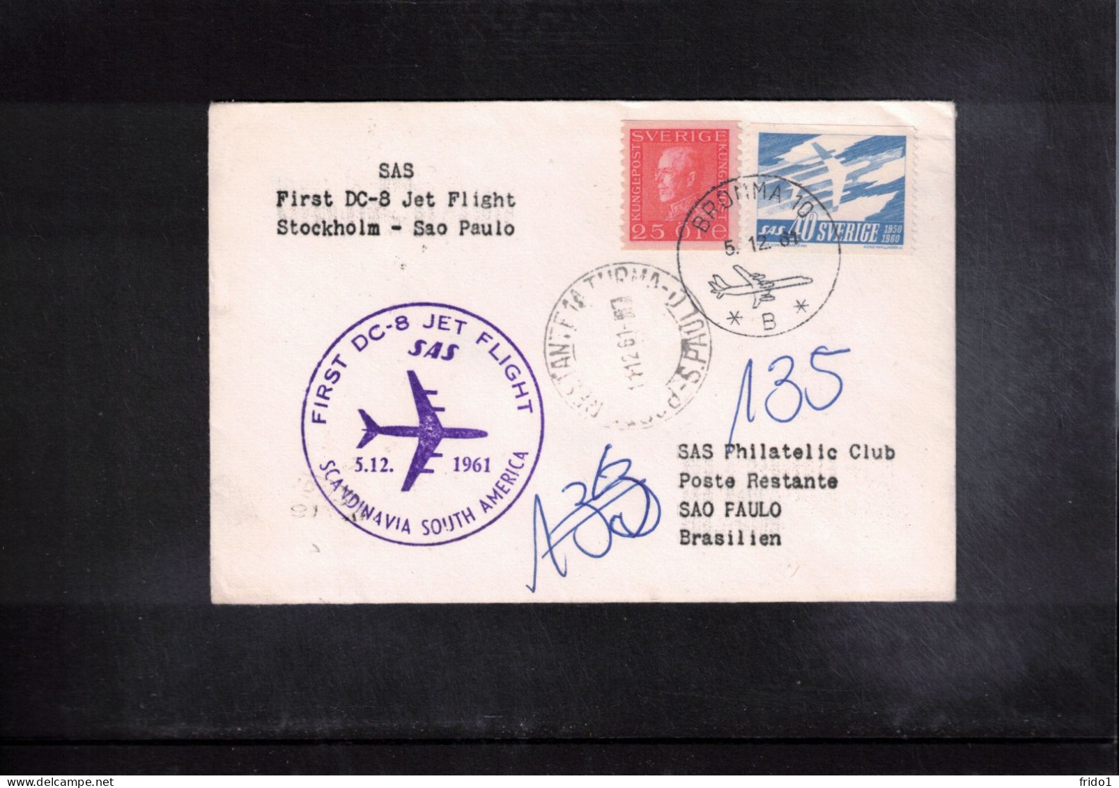 Sweden 1961 SAS First Flight  DC-8 Jet Flight Stockholm - Sao Paulo - Storia Postale