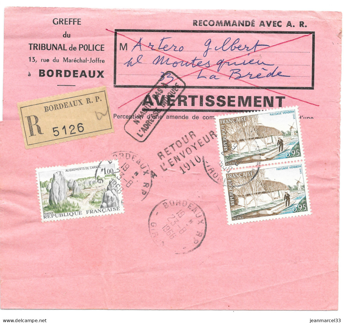 Curiosité Sur Lettre Recommandée AR Greffe Du Tribunal Cachet Manuel Bordeaux RP 23-8 I966 NPAI - Storia Postale