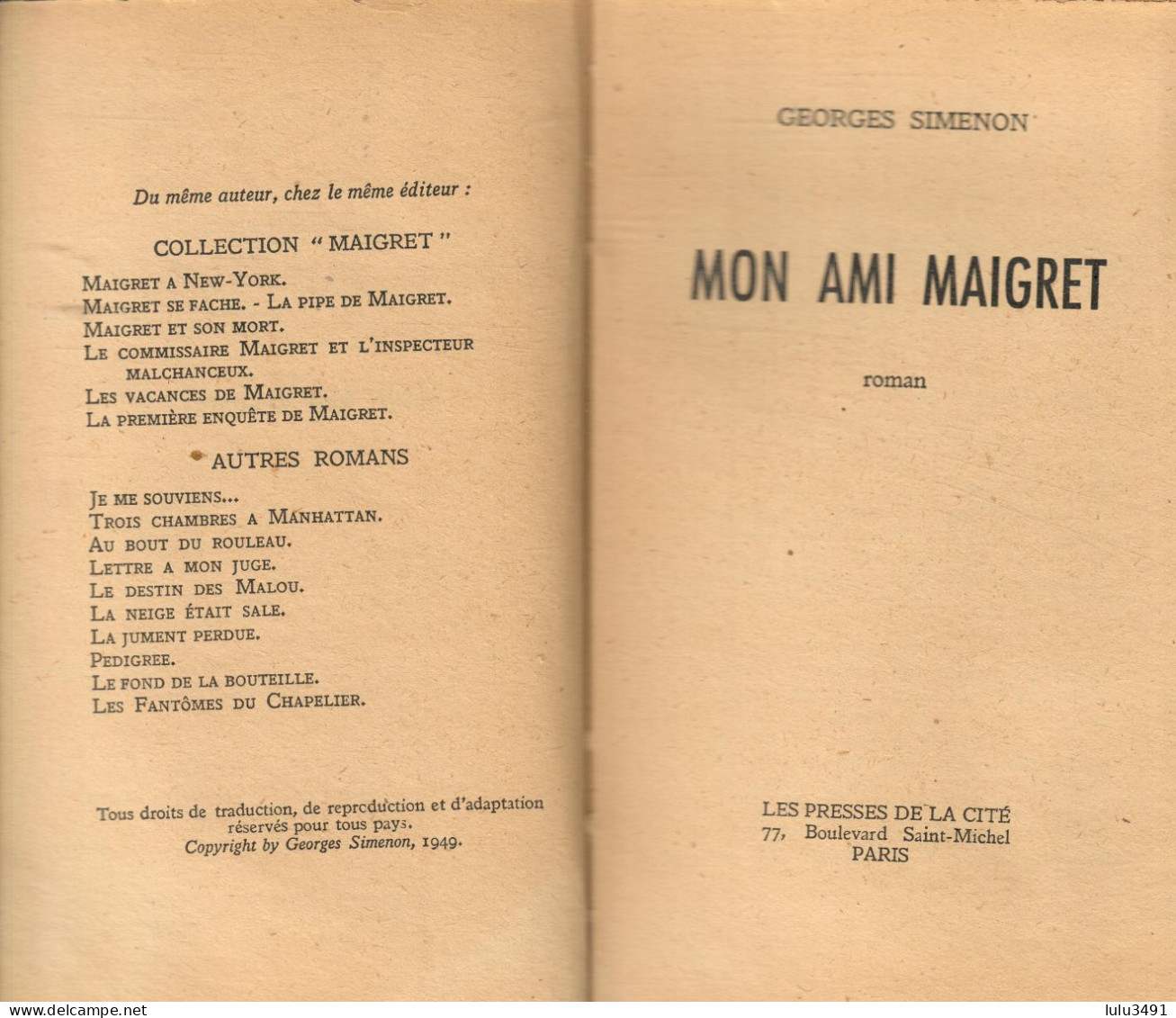 PRESSES De La CITE - POLICIER - MON AMI MAIGRET - (1949 ) Par SIMENON - Simenon