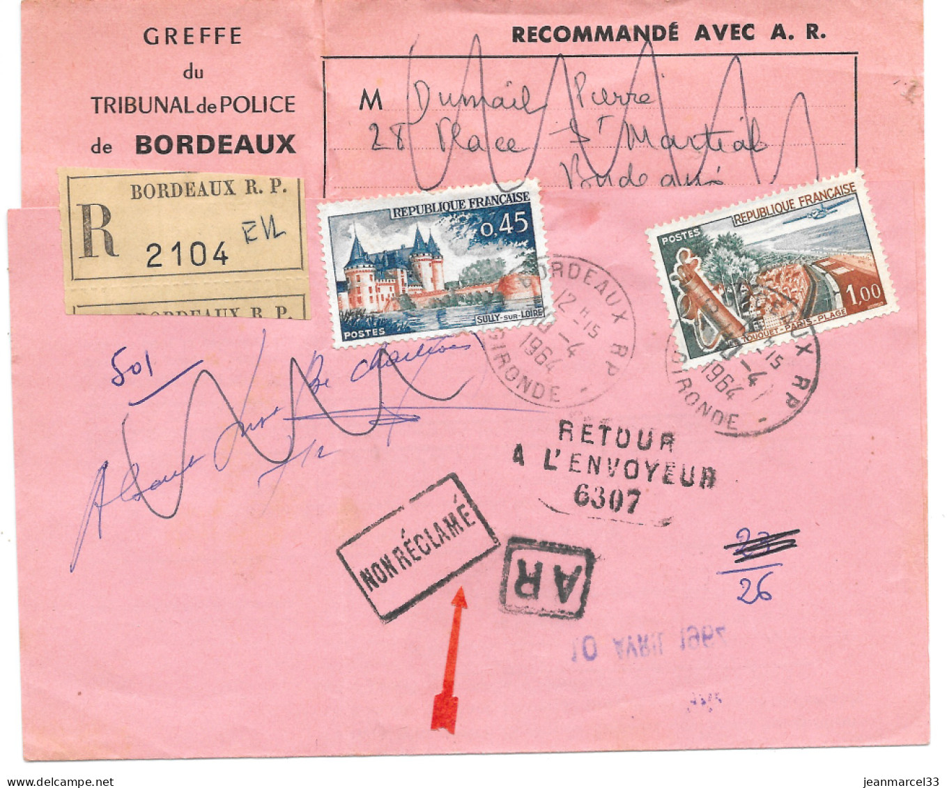 Curiosité Sur Lettre Recommandée Avec AR Greffe Du Tribunal Cachet Manuel Bordeaux RP 10-4 1984 Retour - Storia Postale