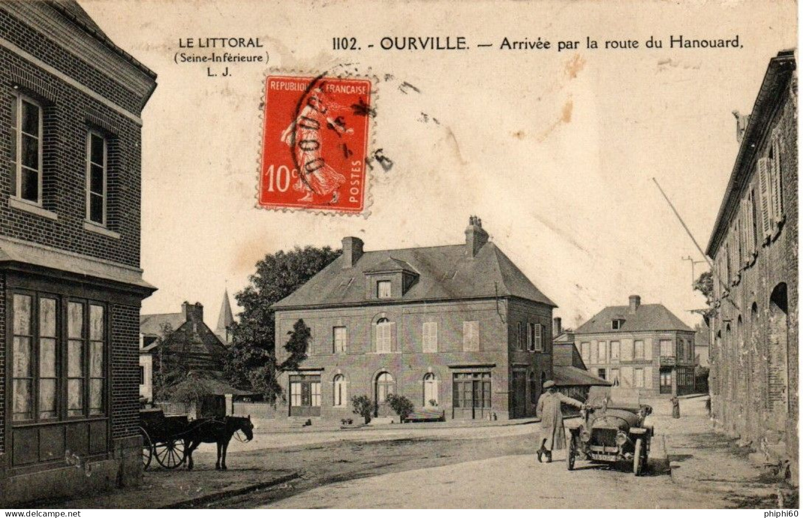 OURVILLE  -  76  - Arrivée Par La Route Du Hanouard   (  Carte Rare ) Attelage De Chevaux  - Vieille Voiture - Boucherie - Ourville En Caux