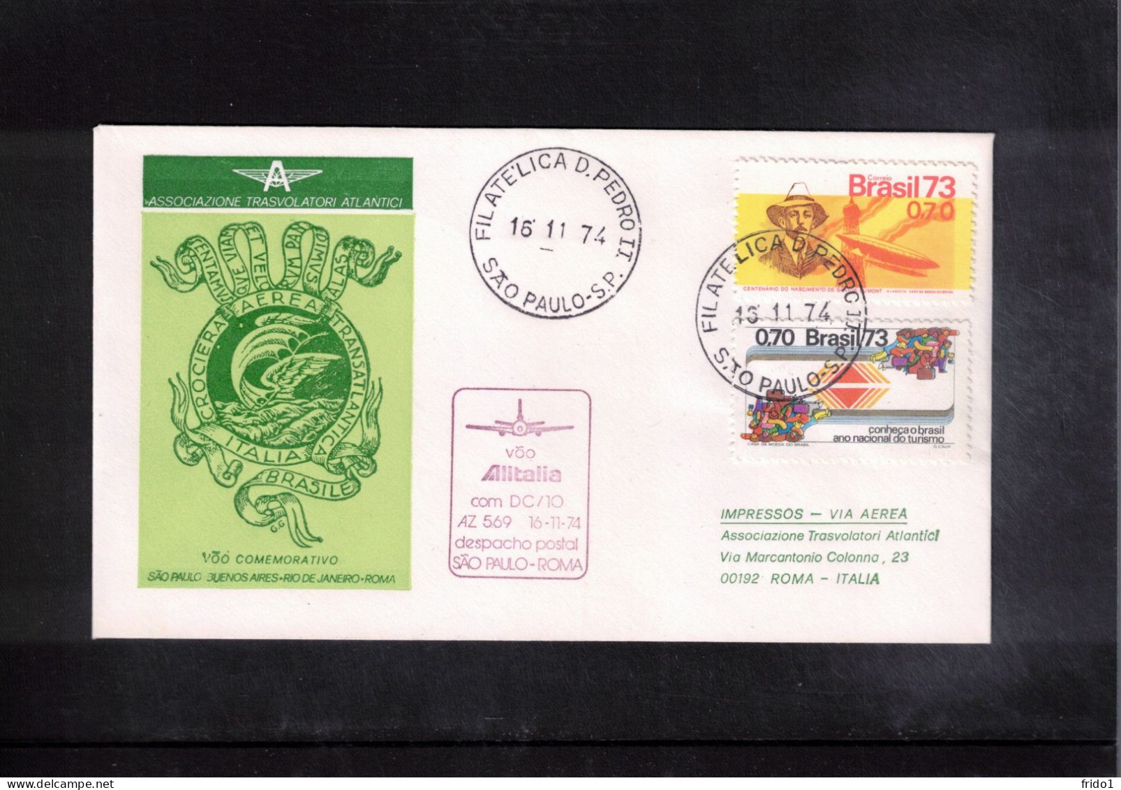 Brazil 1974 Alitalia DC-10  First Flight Sao Paulo - Roma - Covers & Documents