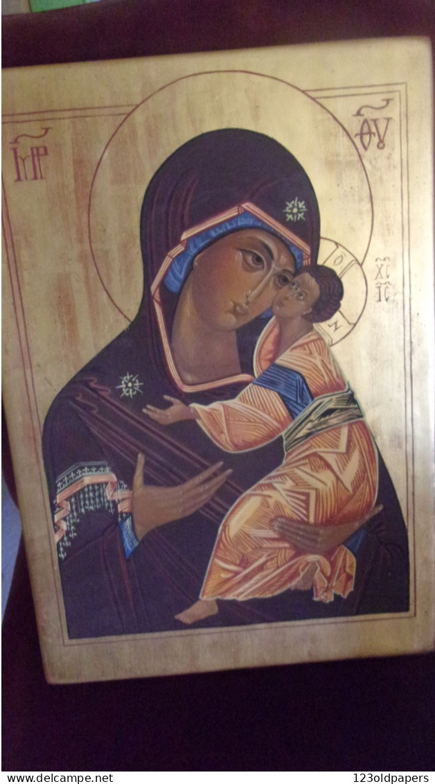 TRES BELLE ICONE VIERGE A L ENFANT FEUILLE D OR SUR BOIS ICONA RELIGIOSA FOGLIA ORO  27 / 40 CM - Religious Art