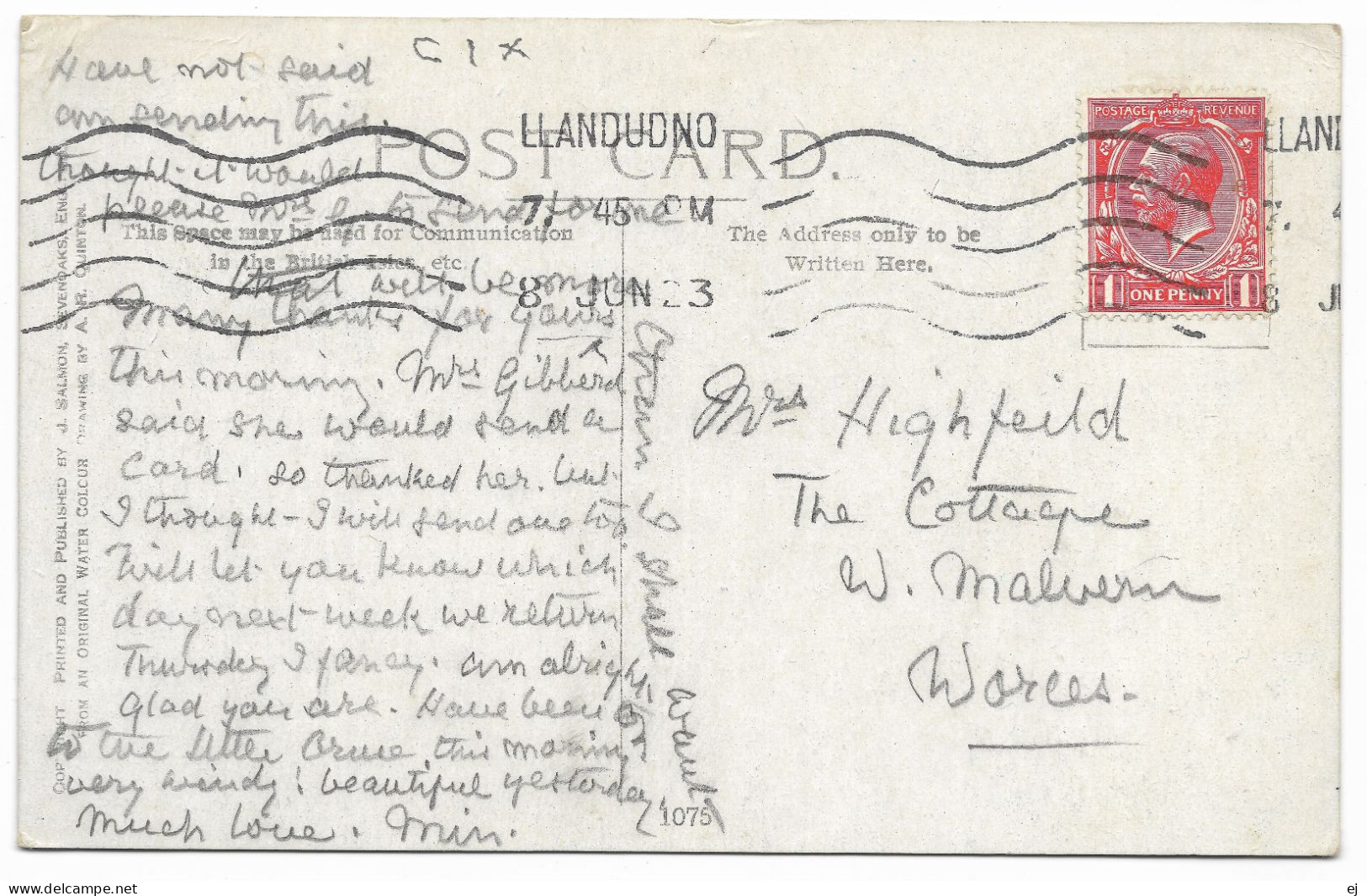 The Sychnant Pass Nr Llandudno By A R Quinton Postmark 1923 - Salmon No 1075 - Quinton, AR