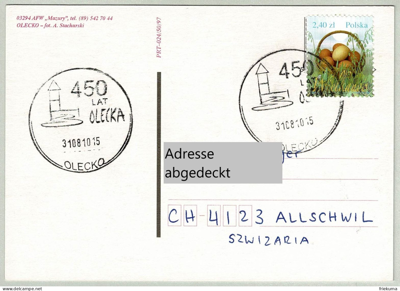 Polen / Polska 2010, Postkarte Olecko - Allschwil (Schweiz), Eierkorb, Œufs / Eggs - Alimentation