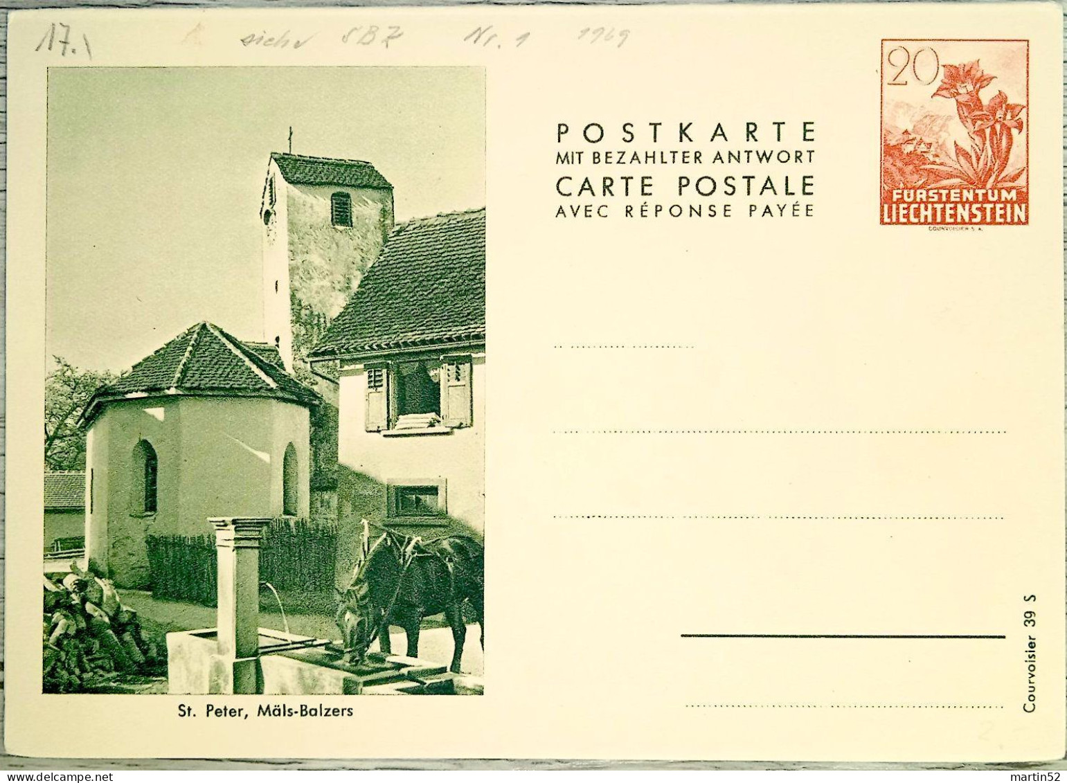 Liechtenstein 1940: ANTWORT-PK / CP RÉPONSE Courvoisier 39S "St.Peter, Mäls Balzers" (Enzian 20+20) SBK N° 22 - Postwaardestukken