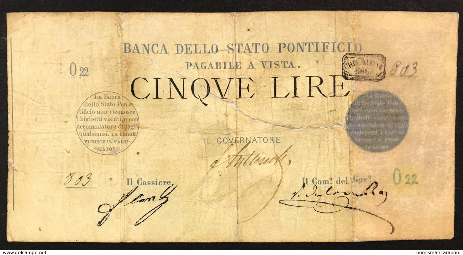 Stato Pontificio 5 LIRE PAPA PIO IX 1867 R4 RRRR Molto Restaurato Lotto.3911 - 100 Liras