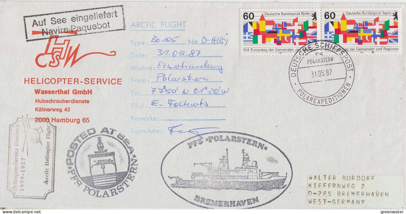 Germany Polarstern Arctic Heli Flight From Polarstern To Arctic Ice Sea 31.05.1987 (SX154B) - Voli Polari