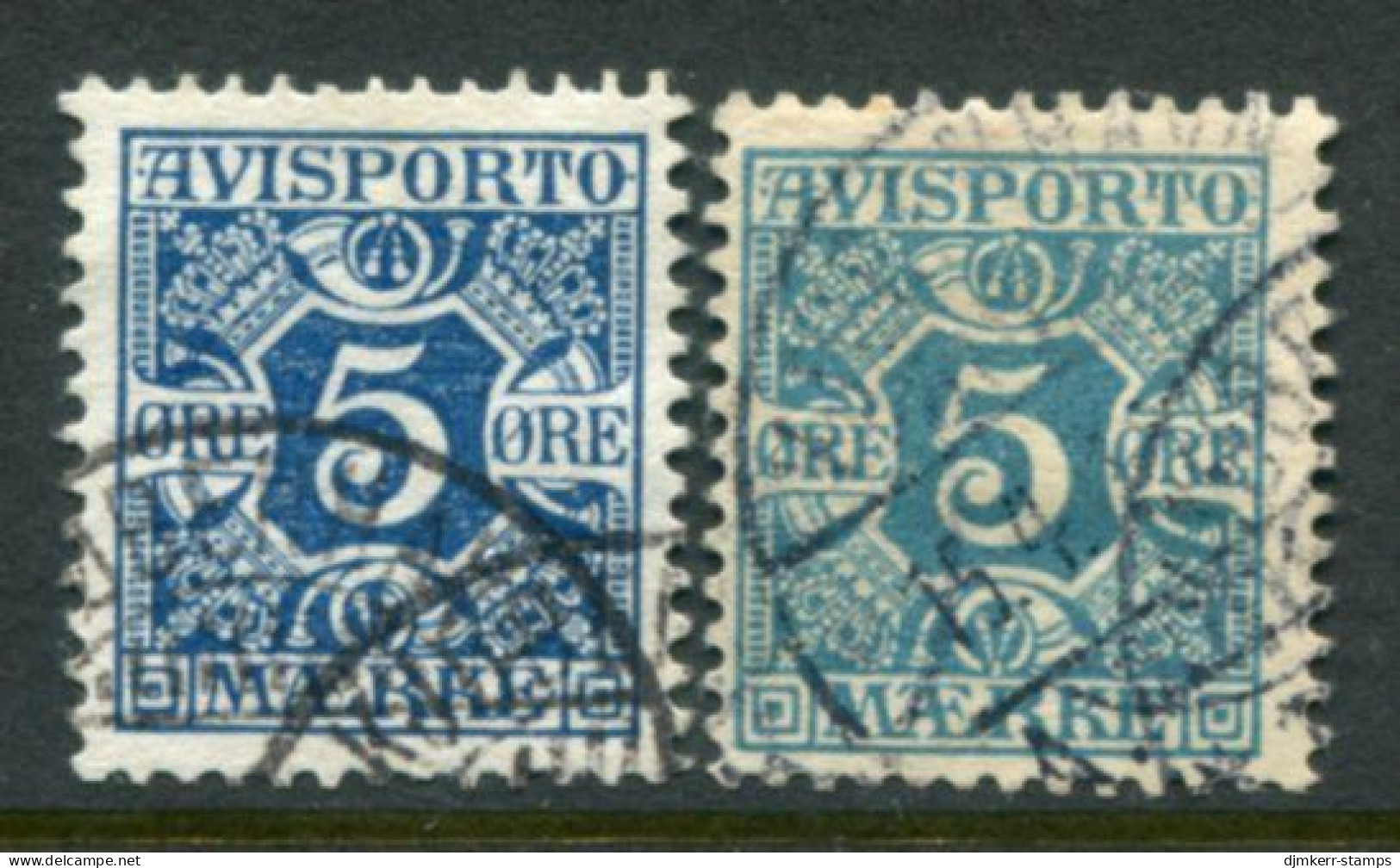 DENMARK 1907 Avisporto (newspaper Accounting Stamps) Perf. 12½  5 Ø.two Shades Used.  Michel 2X - Oblitérés