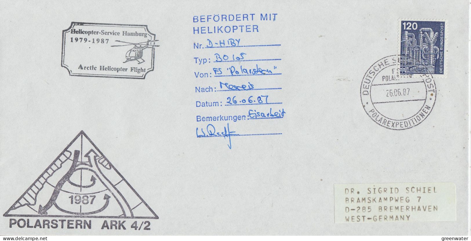 Germany Polarstern Arctic Heli Flight From Polarstern Icearbeit 26.06.1987 (SX155) - Vuelos Polares