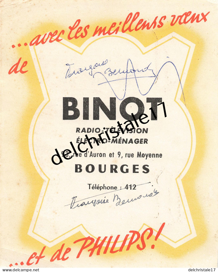 18 0221 BOURGES CHER 19.. Carte De Vœux Publicitaire  Éts BINOT Radio-Télévison Électro-Ménager PHILIPS Rue D'Auron - Nouvel An