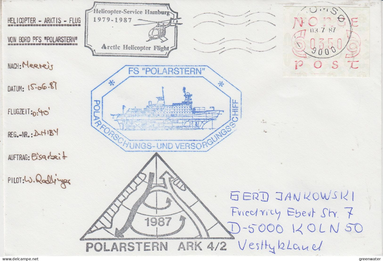 Norway Polarstern Arctic Heli Flight Fro Polarstern To Arctic Sea Eisarbeit 15.06.1987 (SX155B) - Vols Polaires